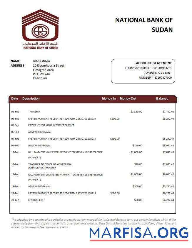 Printable Sudan National Bank of Sudan bank statement word real example